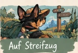 Auf Streifzug – Veit mit Rucksack am Wegweiser