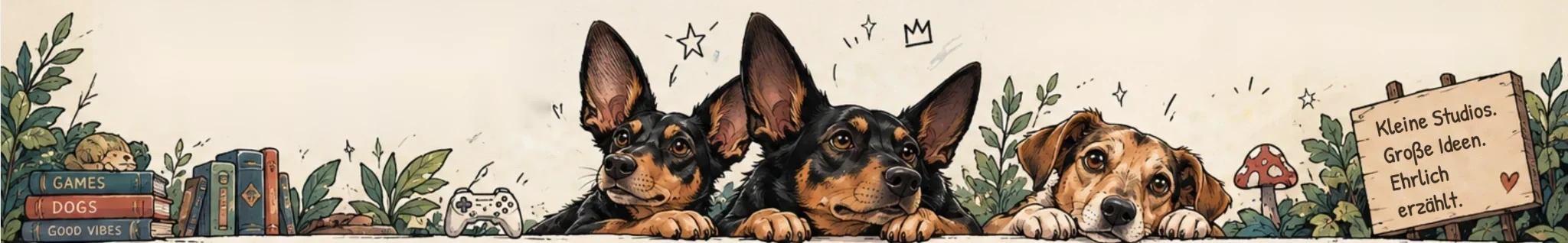 Illustration: Die Hunde Jacky, Veit und Paco schauen neugierig über den Seitenrand, umgeben von Büchern, Pflanzen und einem Controller.