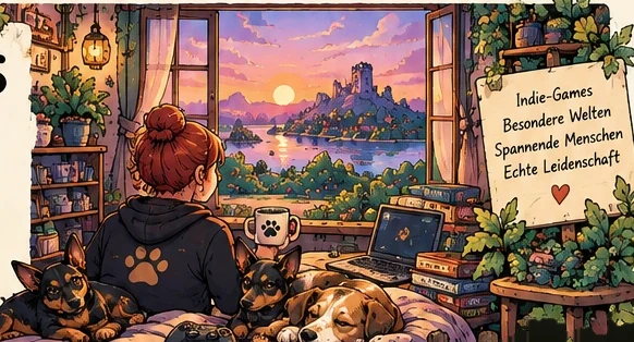 Illustration: Eine Frau mit Pfoten-Pullover sitzt mit drei Hunden am Fenster und blickt auf eine Burg im Sonnenuntergang.